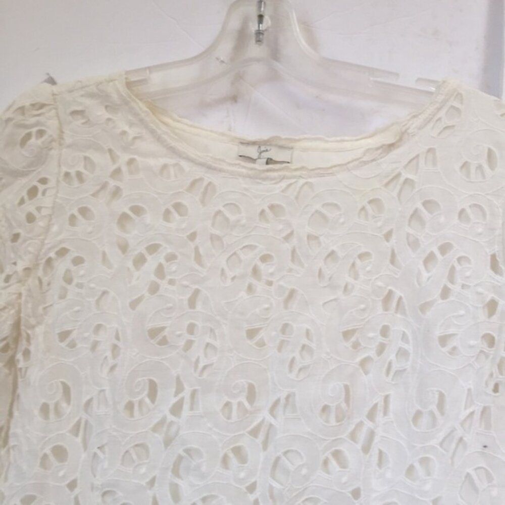 Joie Eyelet Lace Shirt Short Sleeve Crew Top Blouse Neutral White Lined Sheer S - Picture 3 of 14